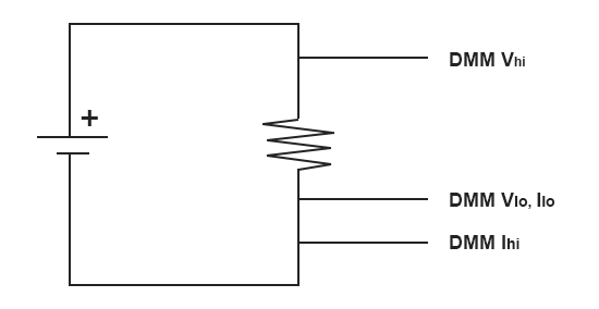 Схема подключения щупов при одновременном измерении постоянного напряжения и тока мультиметром DM3058