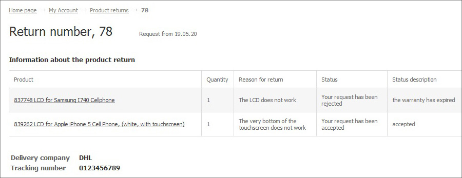 View the status of each item from your return request