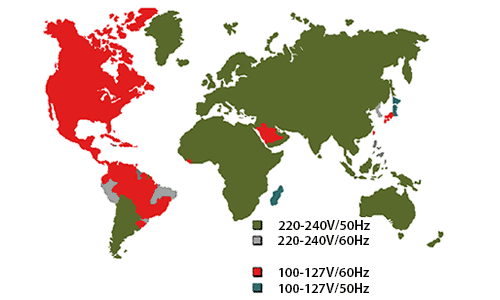 Карту-схему використання напруги та частоти струму у різних країнах світу