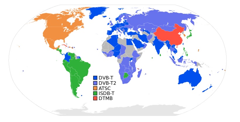 Карта покрытия разных форматов цифрового телевидения