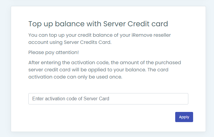 Top up balance with Server Credit card